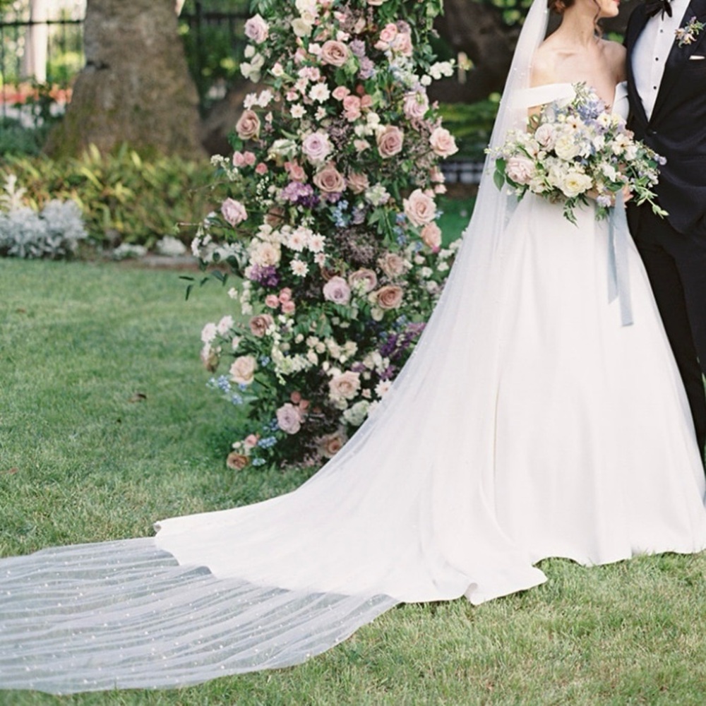High-Quality Cathedral Length Wedding Veil Scattered Pearls